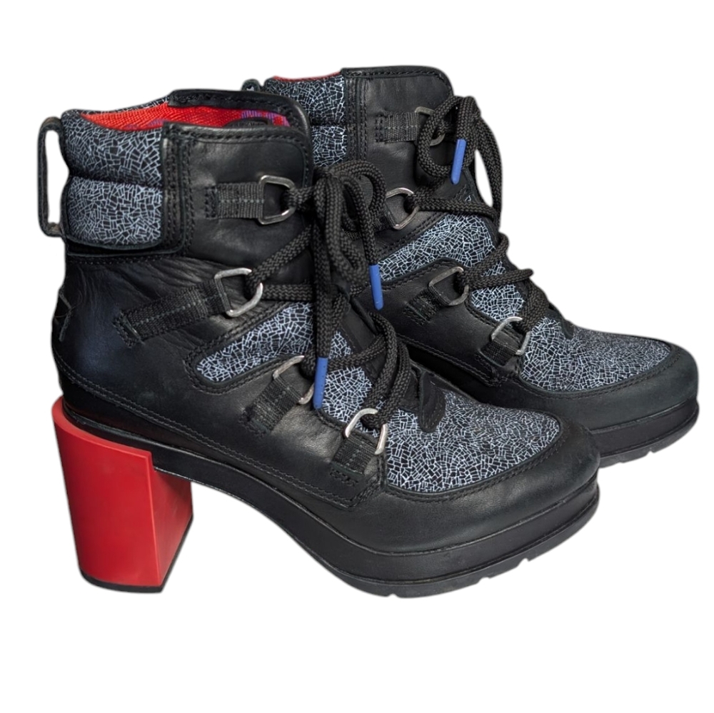 Sorel Black Lace Shatter Leather Boots w/ Red Chunky Heel Ankle Boots Size 7.5